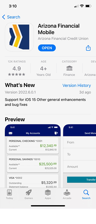 App Screen showing Arizona Financial App