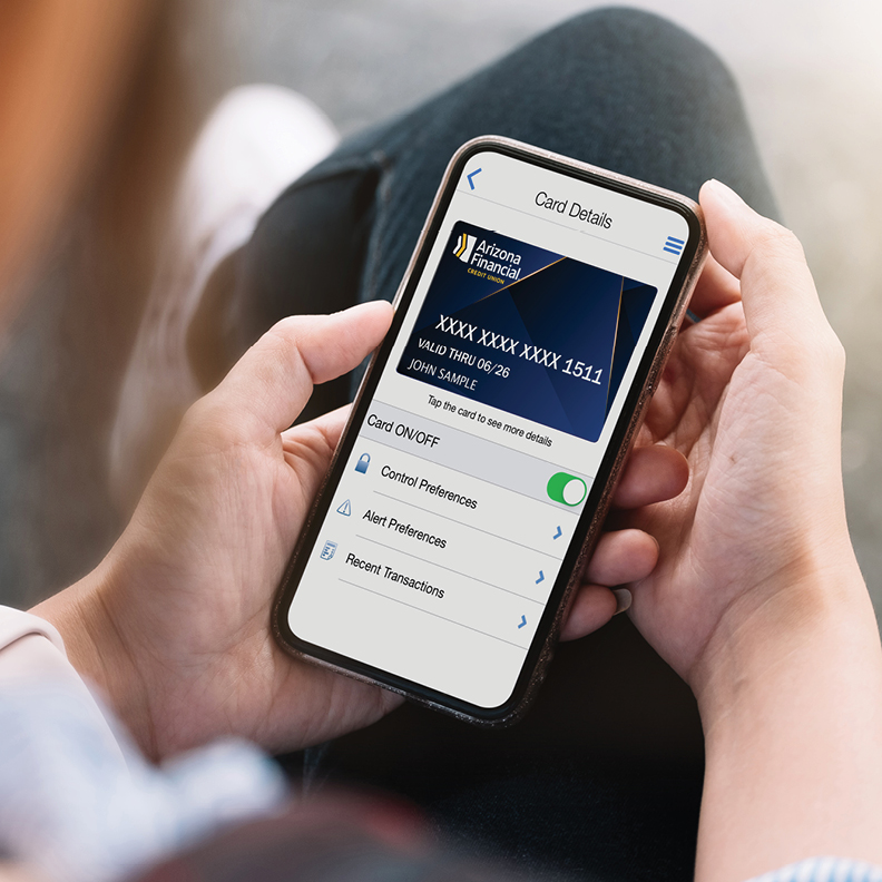 closeup of CardPower app on mobile phone with option to turn off arizona financial credit union debit card on or off