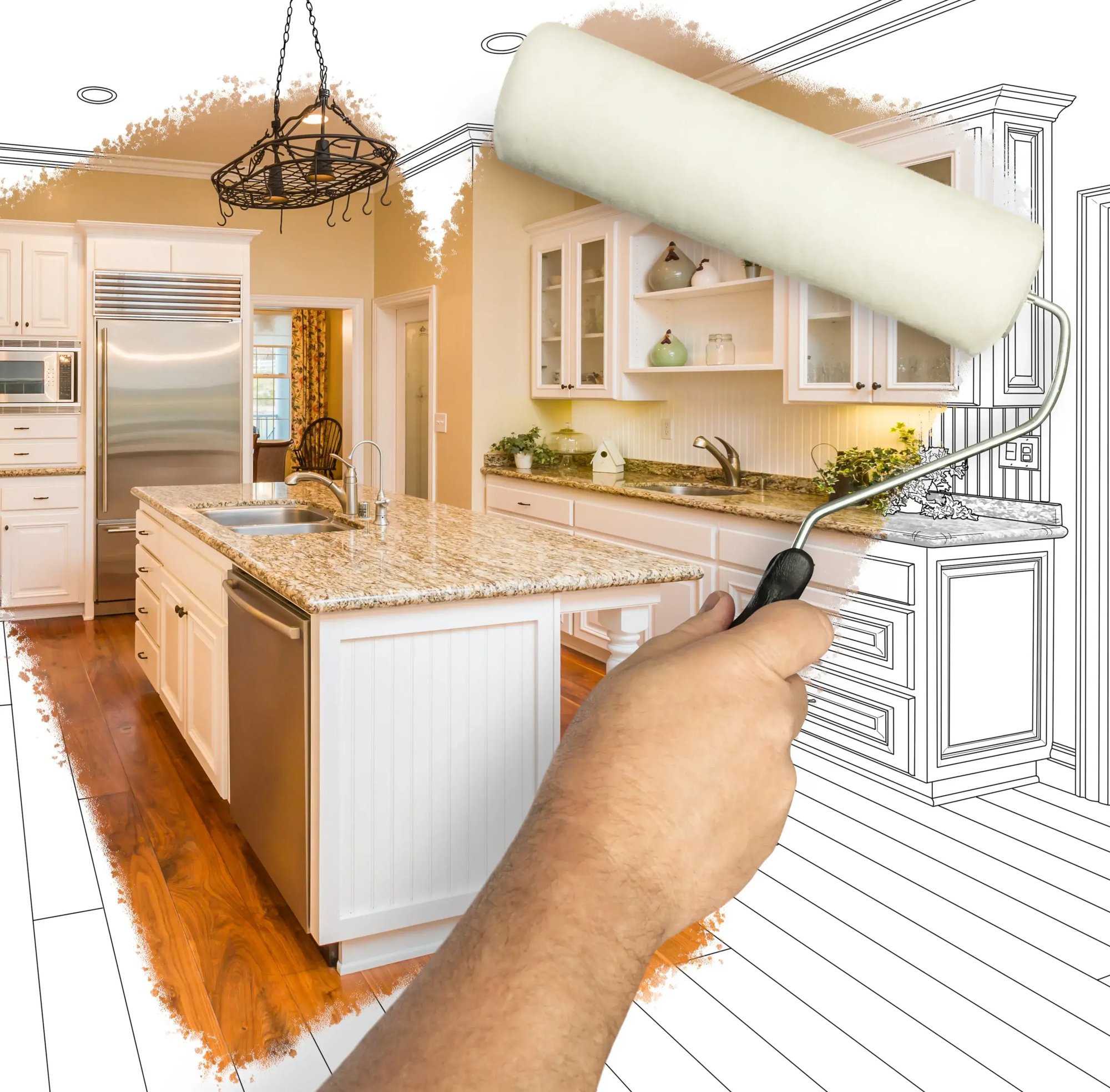 Paint roller revealing the details of a new spec home